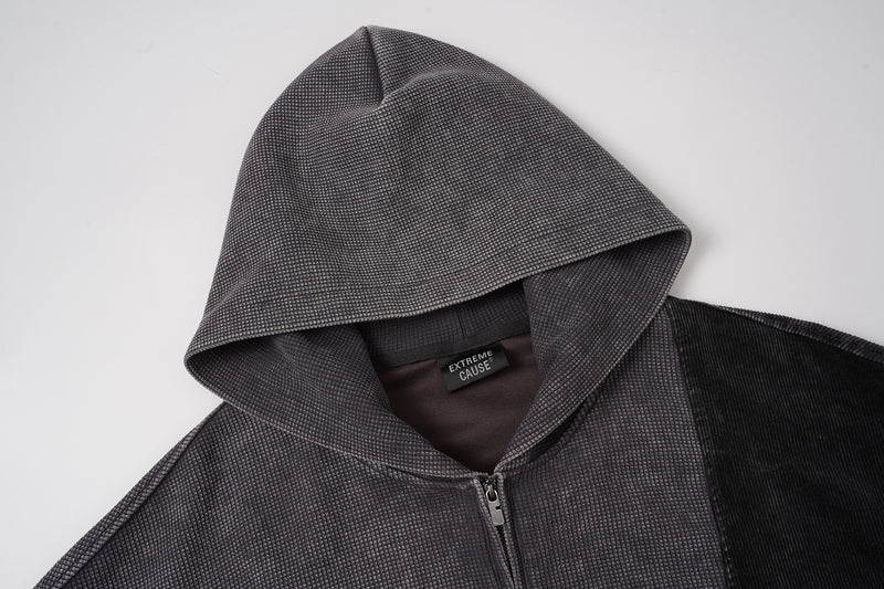 Sweat à capuche zippé quart de zip en maille gaufrée – Design bicolore déconstruit