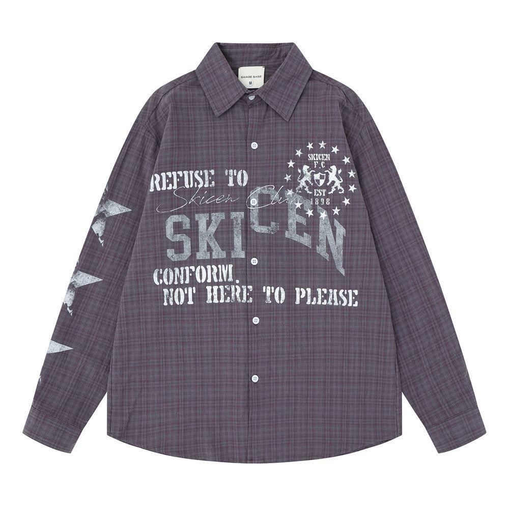 Men's Plaid Graphic Button-Down Shirt – Oversized Streetwear Long Sleeve