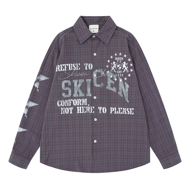 Men's Plaid Graphic Button-Down Shirt – Oversized Streetwear Long Sleeve