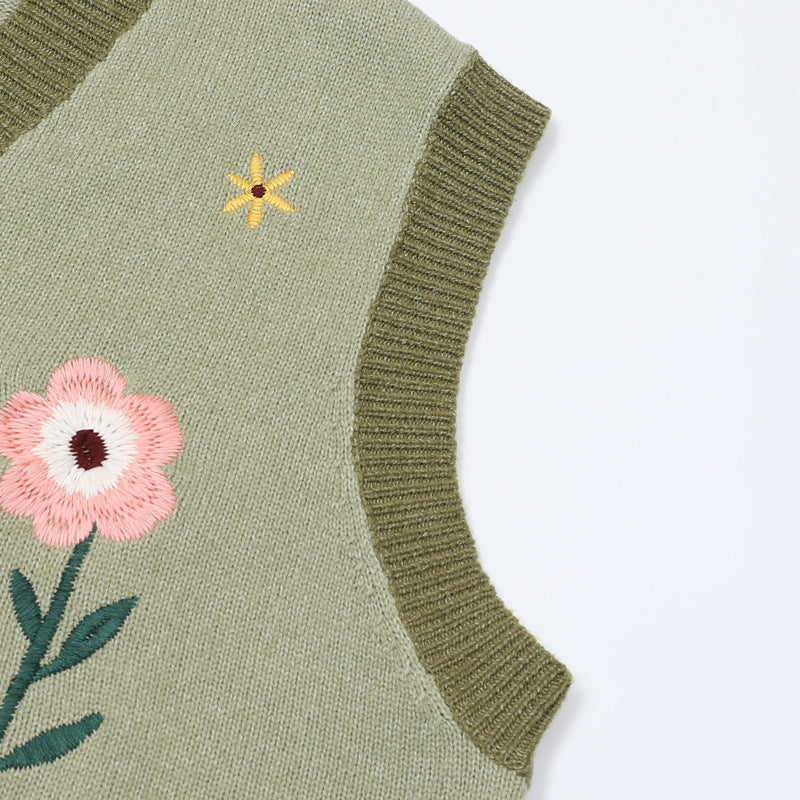 Floral Embroidery V-Neck Sweater Vest – Cottagecore Knit Sleeveless Top