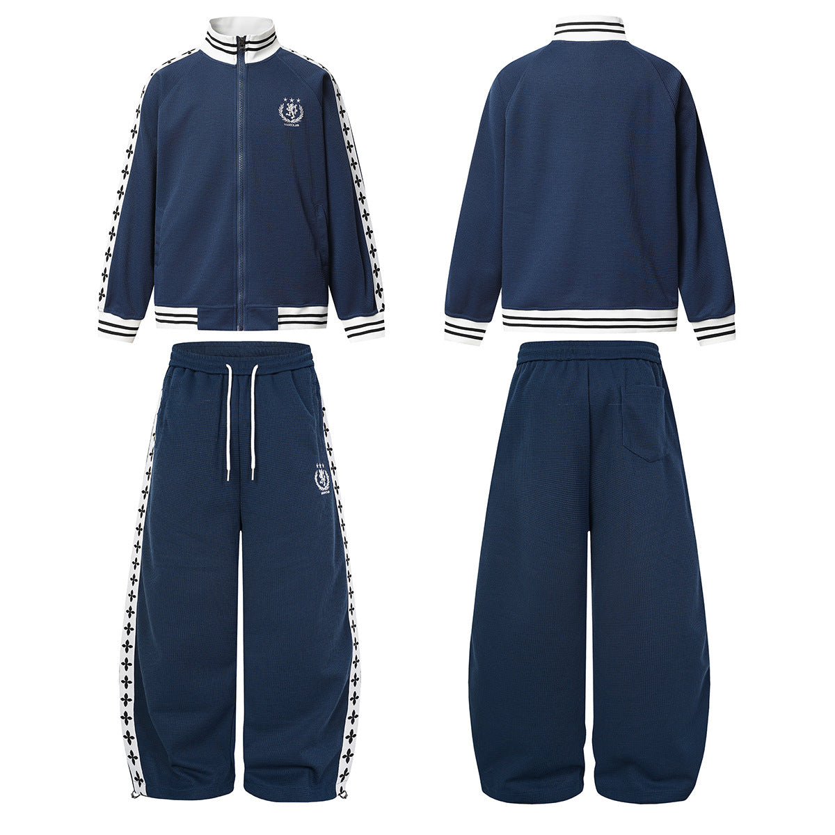 Retro-Trainingsjacken- & Sweathosen-Set – Stehkragen mit Reißverschluss und Fleur-de-Lis-Seitenstreifen