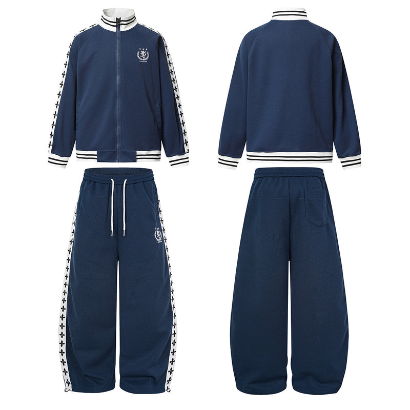 Retro-Trainingsjacken- & Sweathosen-Set – Stehkragen mit Reißverschluss und Fleur-de-Lis-Seitenstreifen
