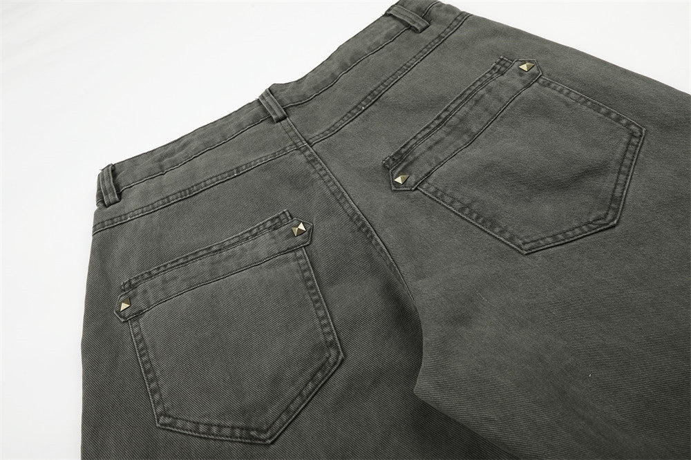 Wide-Leg Cargo Pants with Gold Pyramid Studs – Punk Workwear Straight-Cut