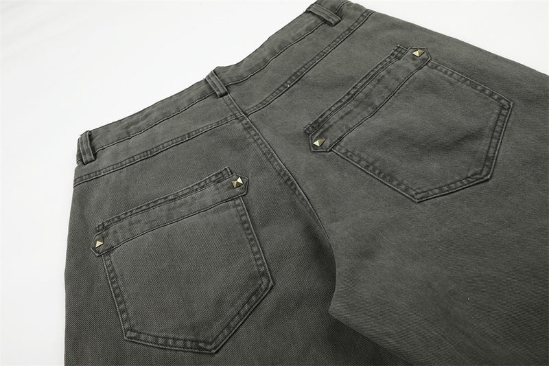 Wide-Leg Cargo Pants with Gold Pyramid Studs – Punk Workwear Straight-Cut