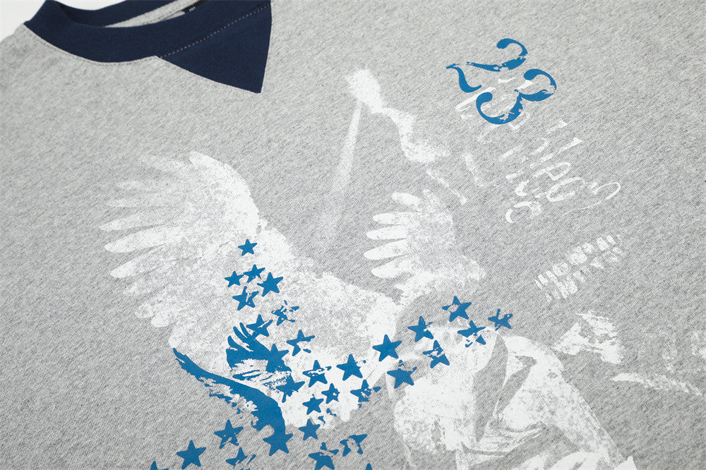 Men's Eagle & Star Graphic Long Sleeve Tee – Grey Colorblock Crew Neck