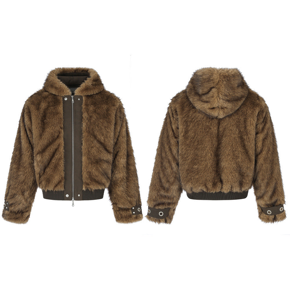 Faux Fur Hooded Bomber Jacket – Brown Short-Cut Zip-Up with PU Leather Trim