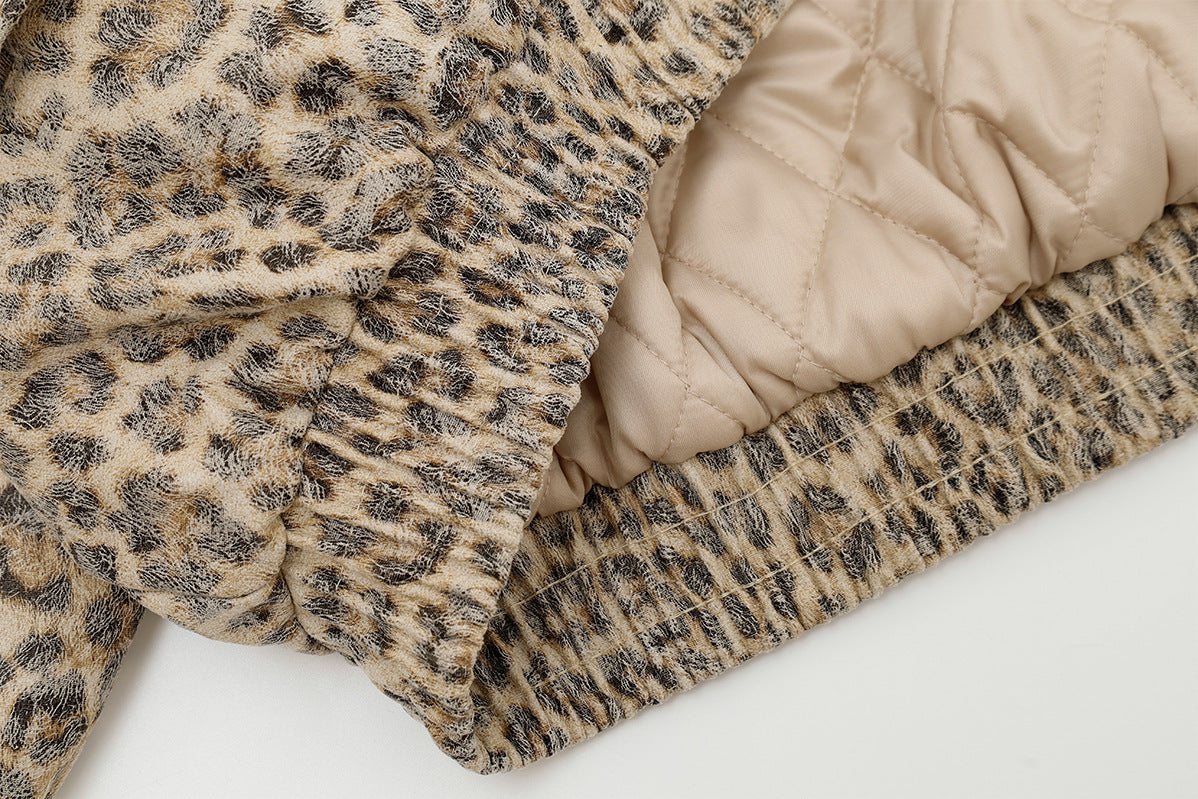 Leopard Print Fur Collar Bomber Jacket with Quilted Lining