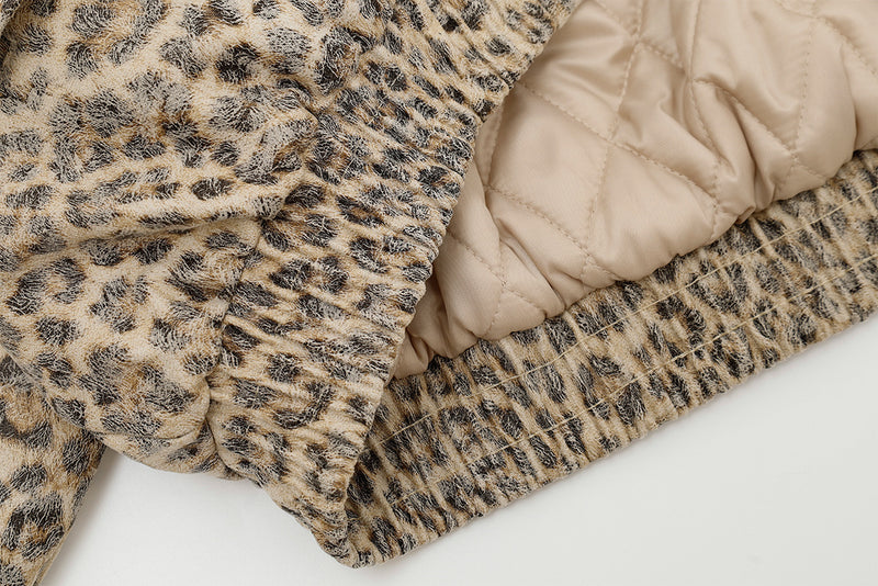 Leopard Print Fur Collar Bomber Jacket with Quilted Lining