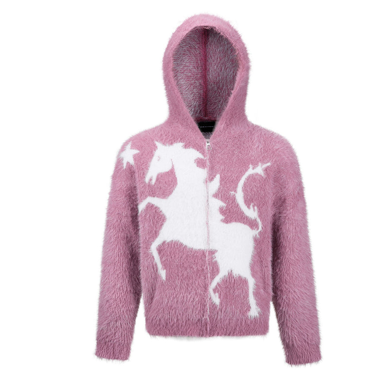 Sweat à capuche zippé en maille duveteuse rose poudré, avec motif licorne et étoile blanc sur le devant