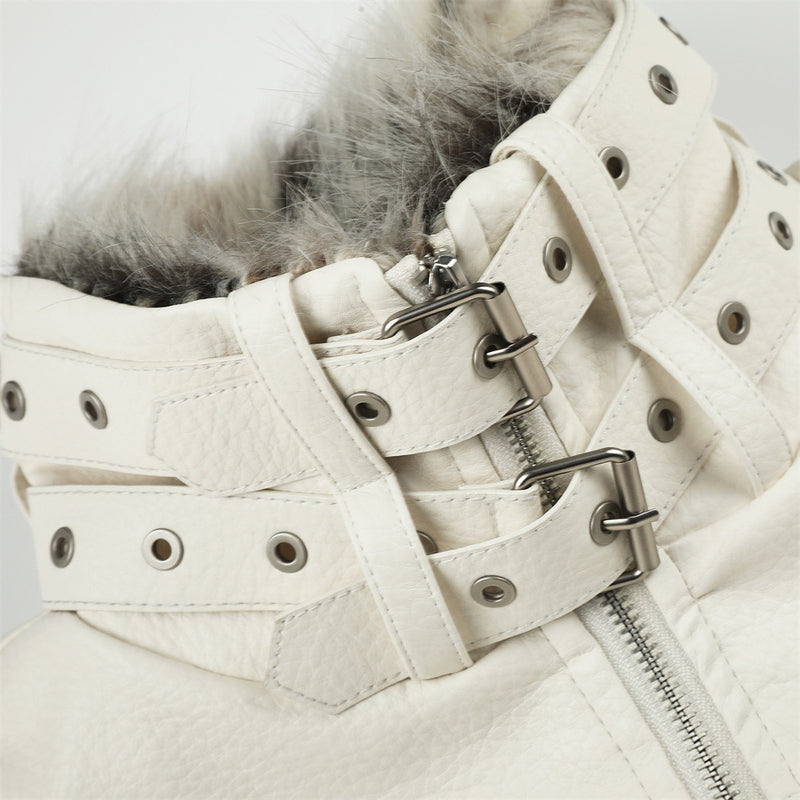 PU Leather Bomber Jacket with Faux Fur Collar & Buckle Strap Stand Neck