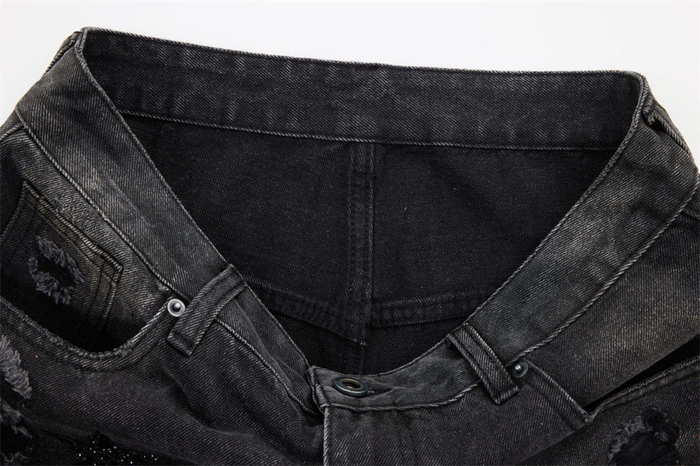 Ripped Baggy Jeans Men – Star Rhinestone & Sequin Wide-Leg Black Distressed