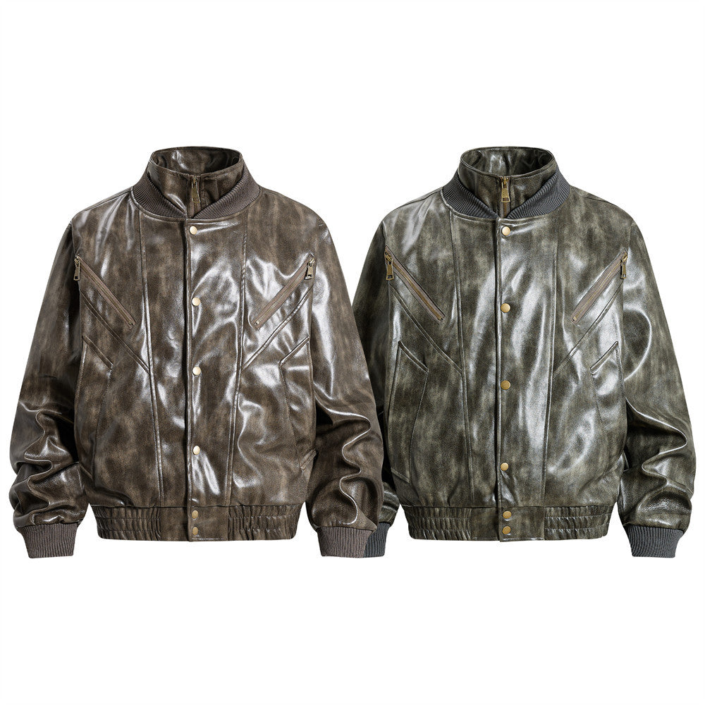 Men's Distressed Glossy PU Leather Bomber Jacket with Stand Collar & Diagonal