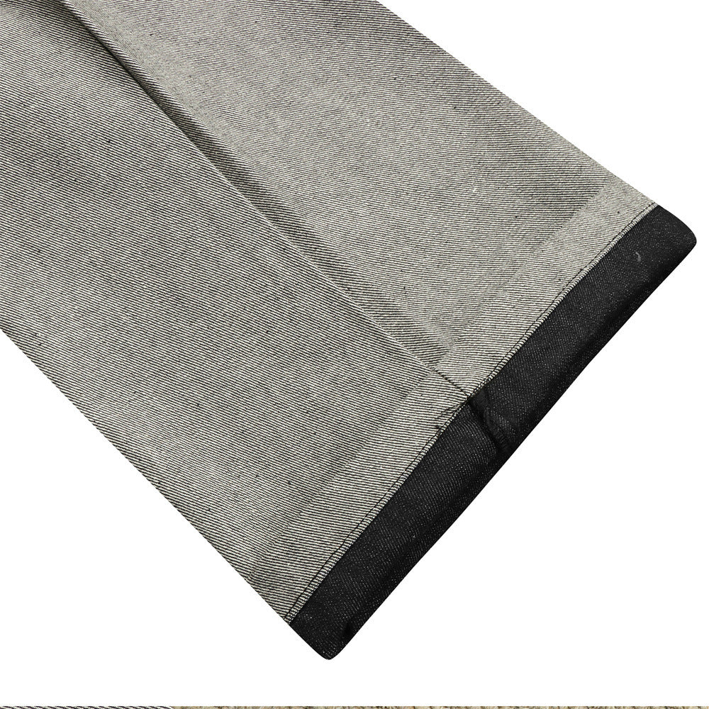Jean en denim brut à double ceinture et jambes larges – Colorblock diagonal et broderie