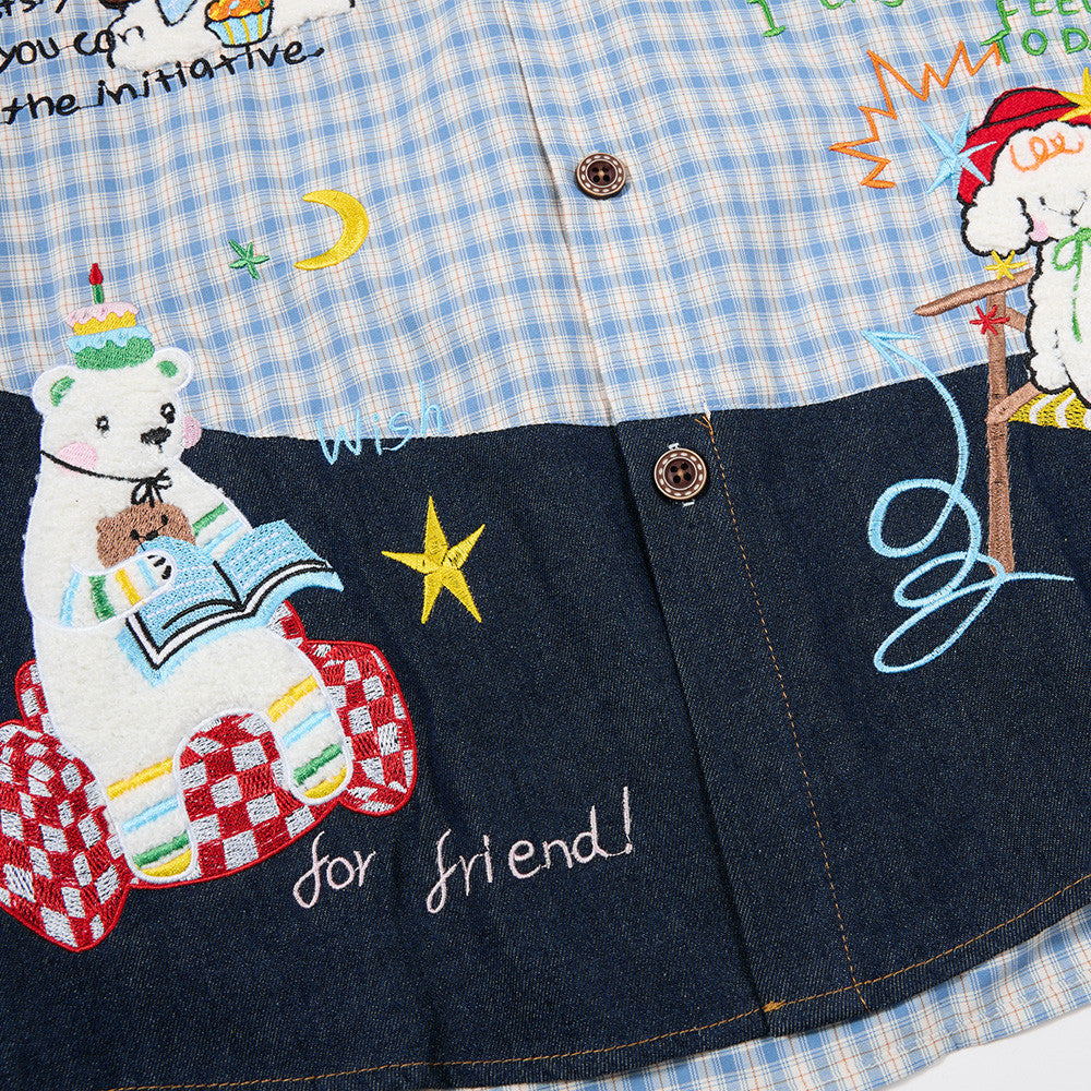 Chemise homme boutonnée à manches longues – Carreaux et empiècements en jean brodés cartoon