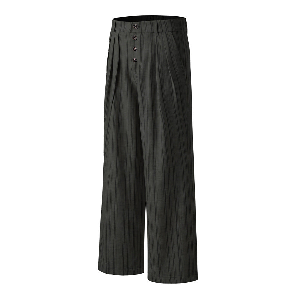 Pantalones de pierna ancha de rayas con pinzas – Corte relajado y cierre frontal de botones
