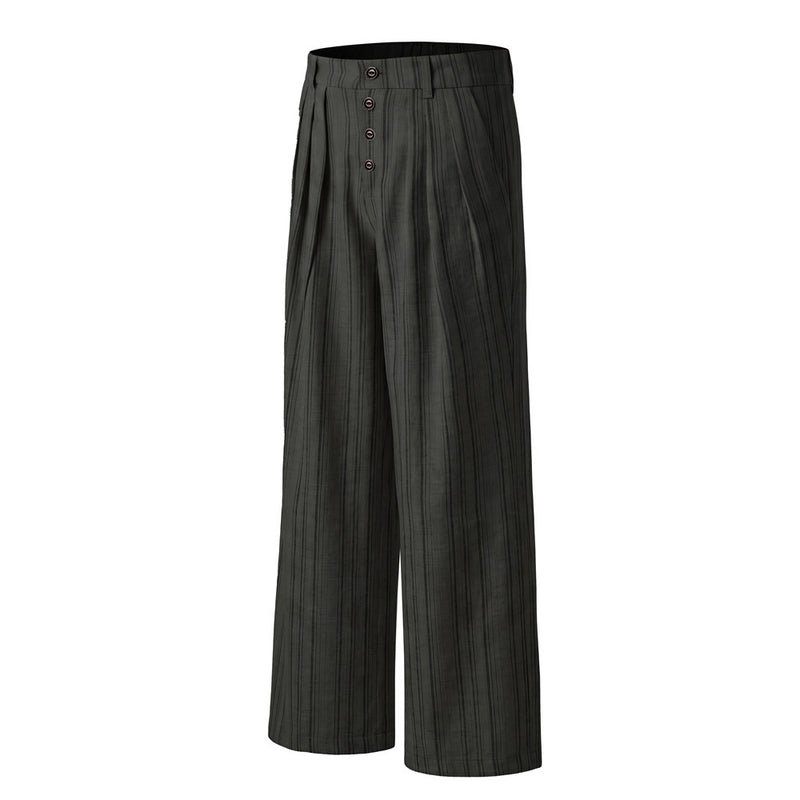 Pantalones de pierna ancha de rayas con pinzas – Corte relajado y cierre frontal de botones