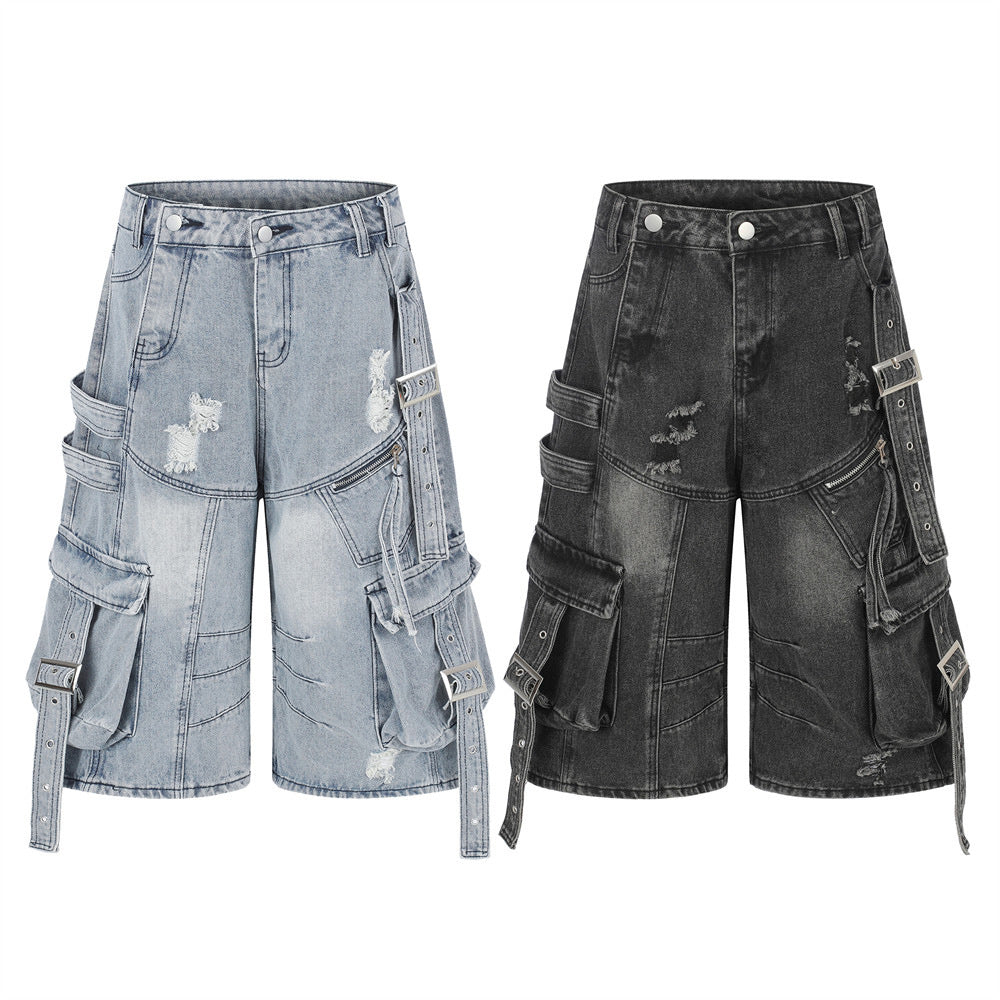 Deconstructed Cargo Denim Shorts – Multi-Pocket Punk Distressed Wide Leg