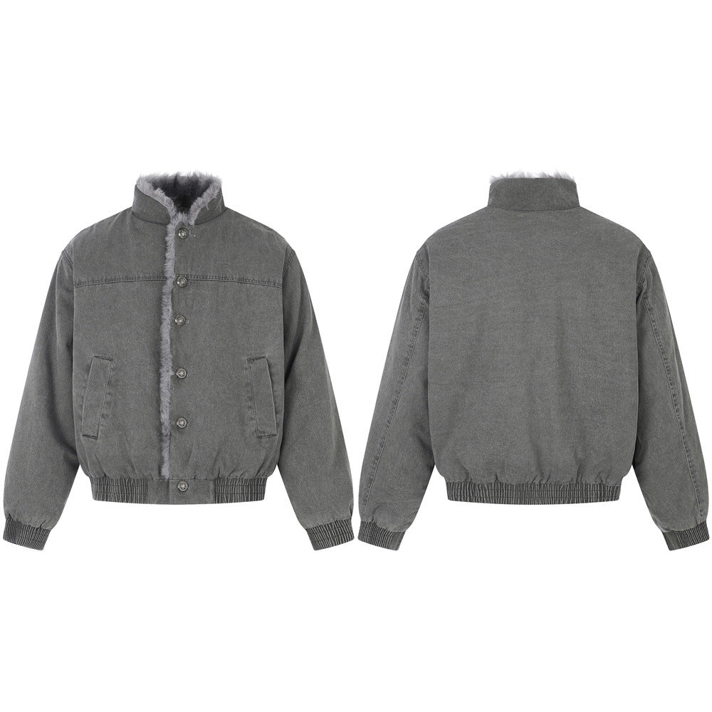 Men's Denim Jacket with Fur Lining – Washed Grey Bomber Jacket