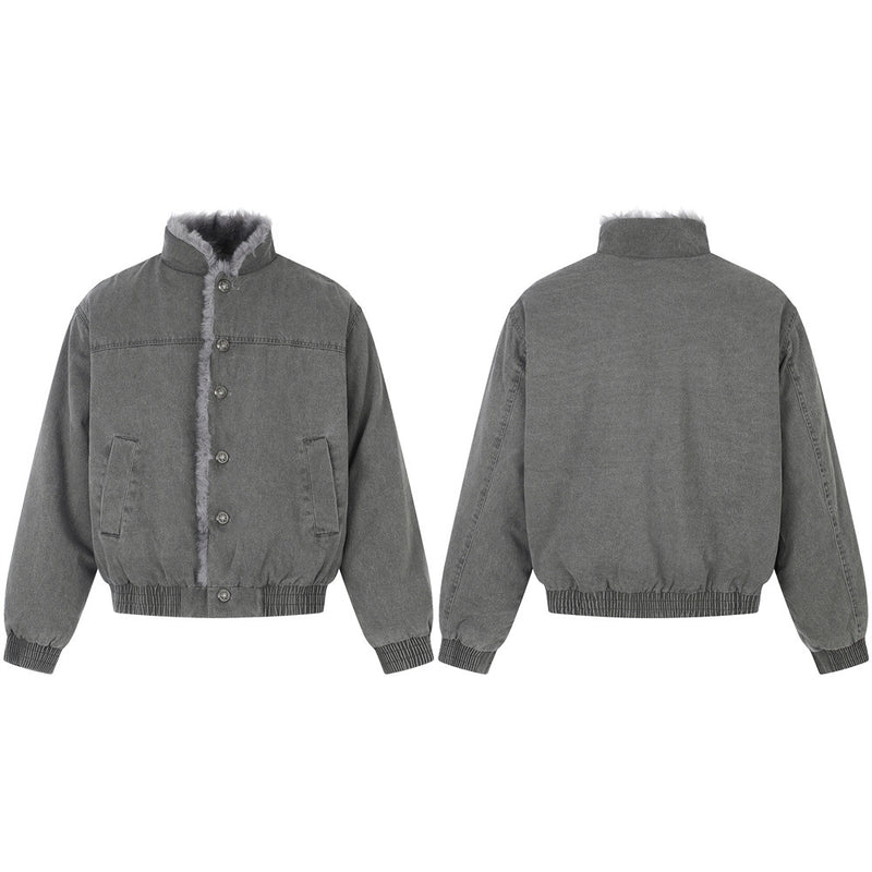 Men's Denim Jacket with Fur Lining – Washed Grey Bomber Jacket