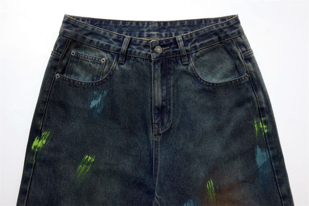 Baggy Paint Splatter Jeans Men – Wide Leg Grunge Denim Straight Pants