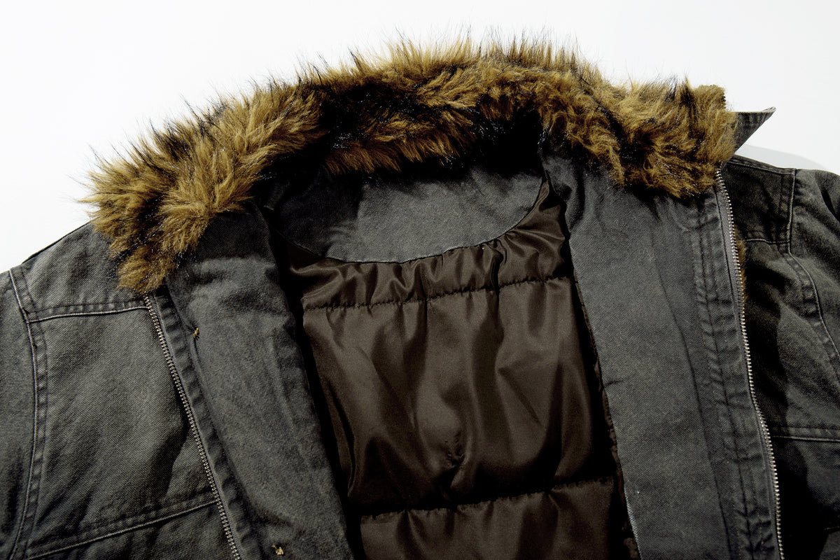 Washed Denim Fur-Collar Padded Jacket – Fleece-Lined Workwear Bomber