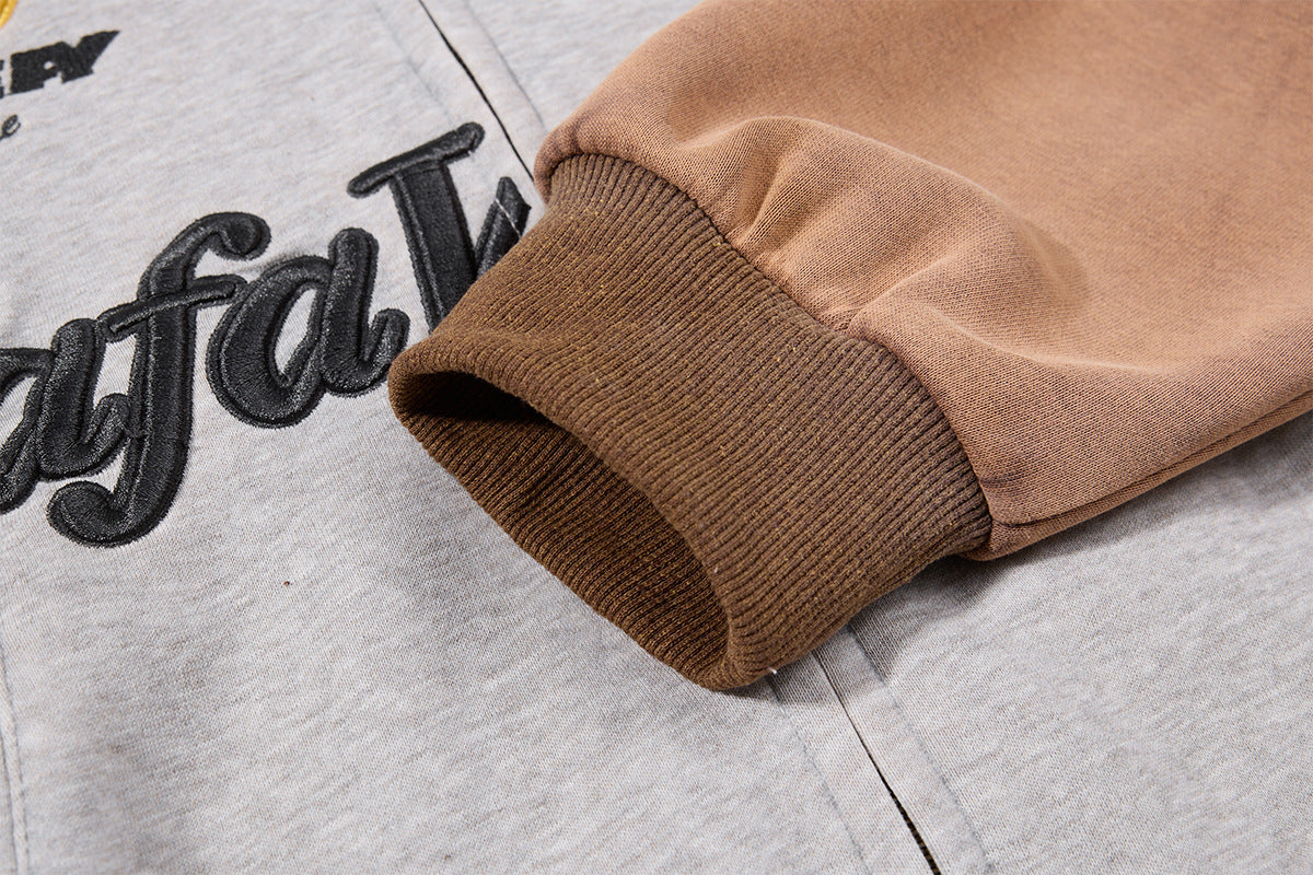 Mafa Vintage カラーブロックジップアップフーディー｜刺繍入りバーシティ風裏毛ジップアップ