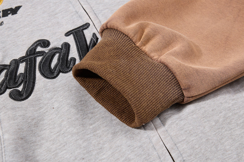 Mafa Vintage カラーブロックジップアップフーディー｜刺繍入りバーシティ風裏毛ジップアップ