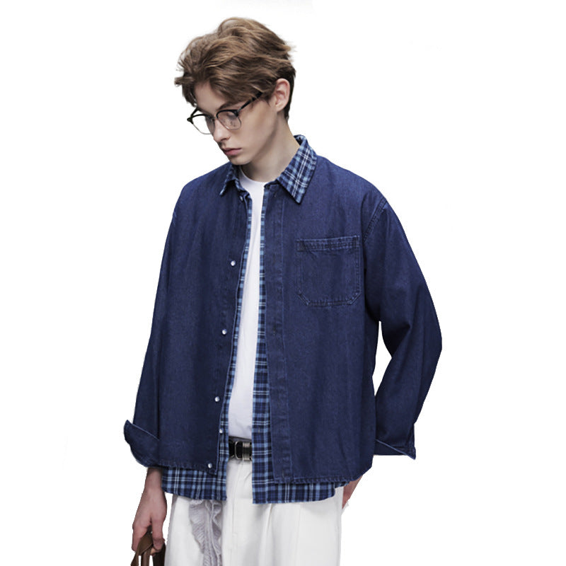 Long Sleeve Oversized Shirt – Denim & Plaid Splice Faux Two-Piece Design