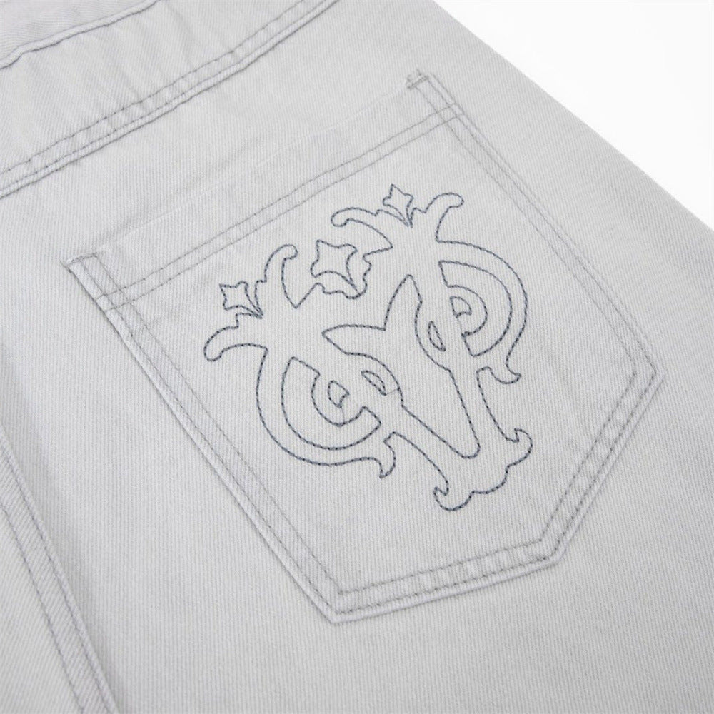 メンズワイドレッグジーンズ｜ボタンフライ・ストレートフィット・バックポケット刺繍