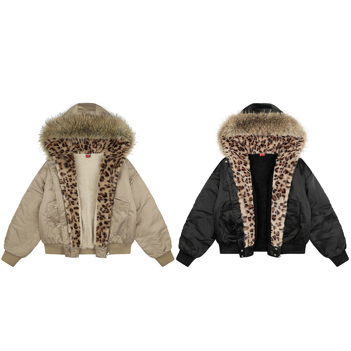 Leopard Print Fleece-Lined Bomber Jacket with Faux Fur Hood