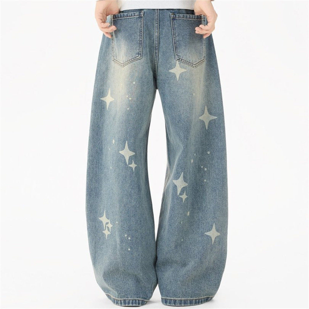 Jeans Star Print Baggy Wide-Leg Men – Washed Light Blue Straight Trousers