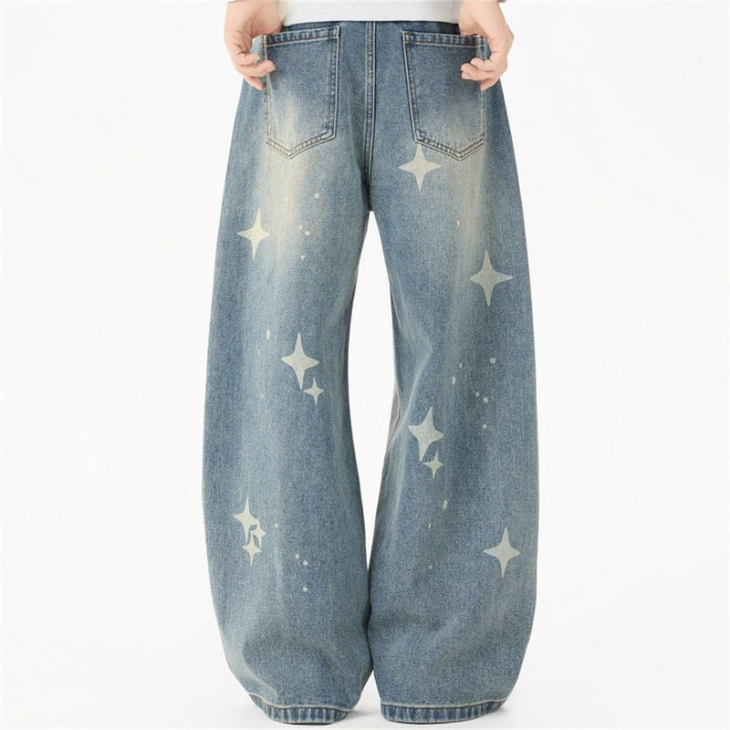 Jeans Star Print Baggy Wide-Leg Men – Washed Light Blue Straight Trousers