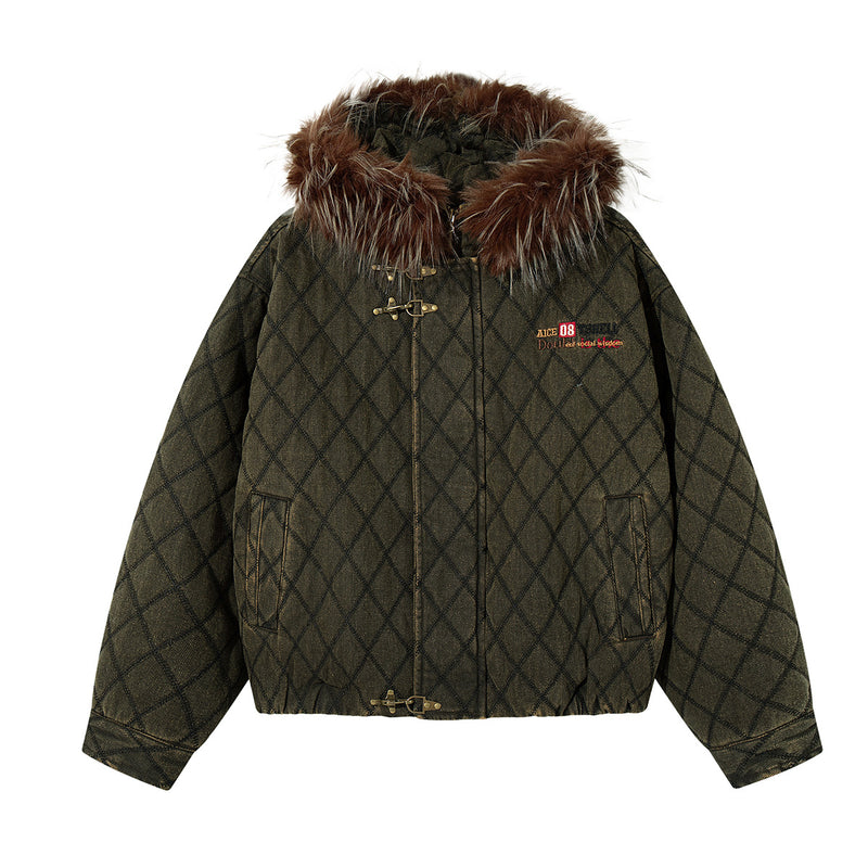 Olive green quilted diamond jacket shown from the front with a fur-trimmed hood, toggles, and two pockets