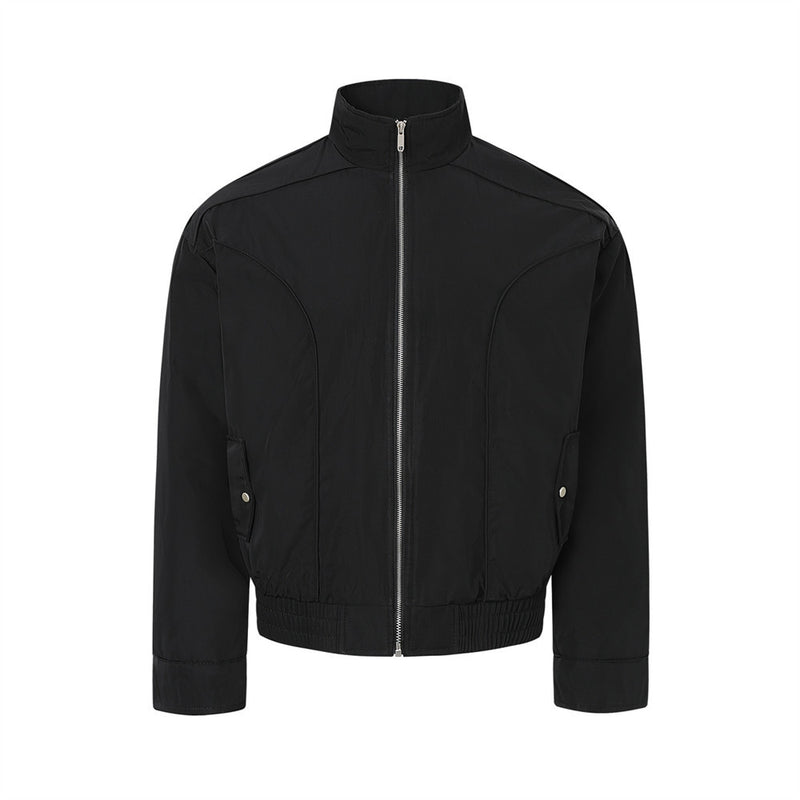 Men's Stand Collar Bomber Jacket with Padded Lining and Curved Seam Detail