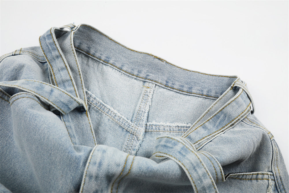 Light Wash Distressed Wide-Leg Jeans – Deconstructed Raw Edge Streetwear Denim