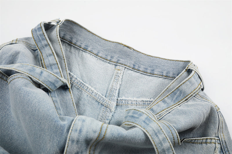 Light Wash Distressed Wide-Leg Jeans – Deconstructed Raw Edge Streetwear Denim