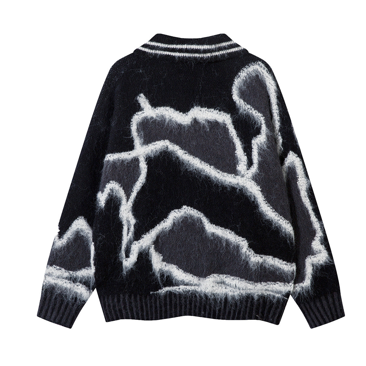 Abstract Camo Jacquard Polo Collar Knit Sweater – Oversized Streetwear Pullover