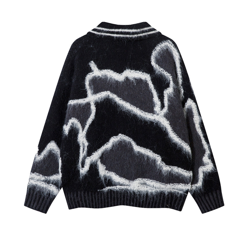Abstract Camo Jacquard Polo Collar Knit Sweater – Oversized Streetwear Pullover