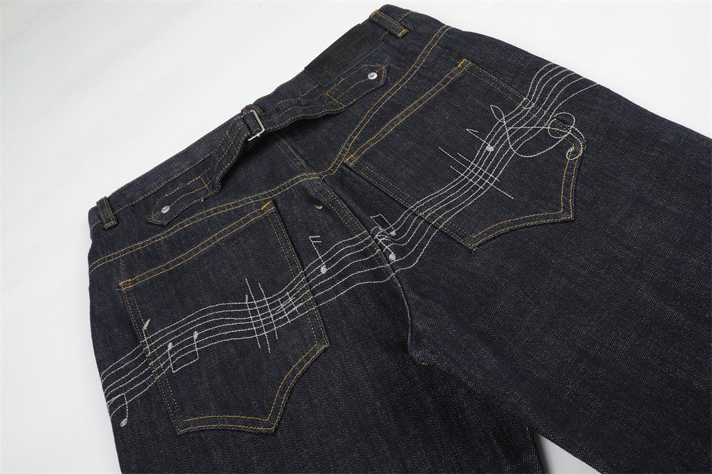 Wide-Leg Raw Denim Jeans with Music Note Embroidery
