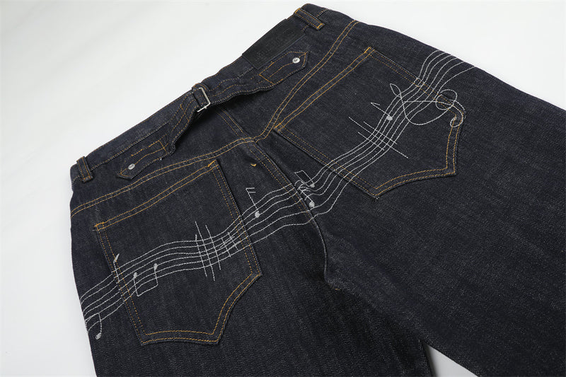 Wide-Leg Raw Denim Jeans with Music Note Embroidery