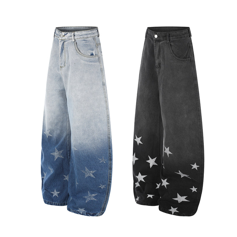Baggy Wide-Leg-Jeans mit Stern-Print und Farbverlauf-Waschung – High-Waist-Schnitt mit geschwungener Silhouette