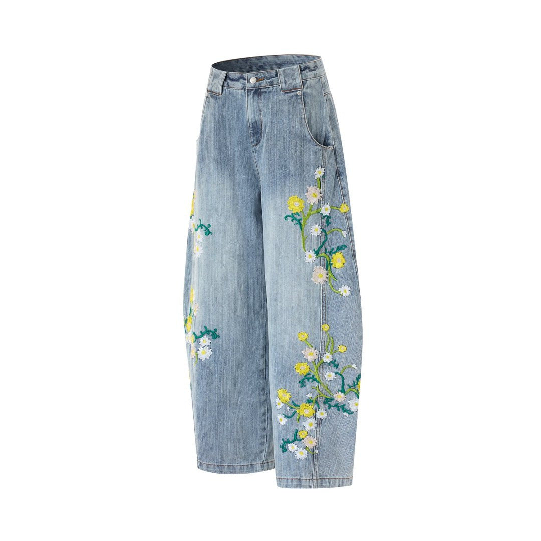 Floral Embroidered Wide-Leg Jeans – Men's Barrel Fit Washed Denim