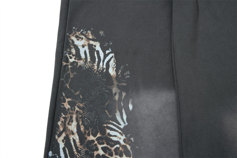 Faux Two-Piece Plaid Waistband Wide Leg Sweatpants with Leopard Print