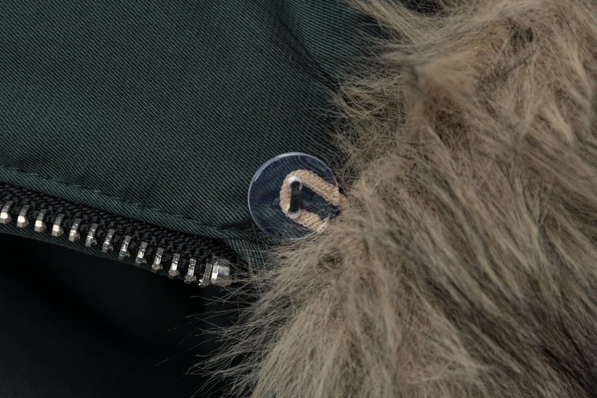 Herren-Schwarze-Pufferjacke mit Fellkragen – Bomberjacke mit Schmetterlingsstickerei