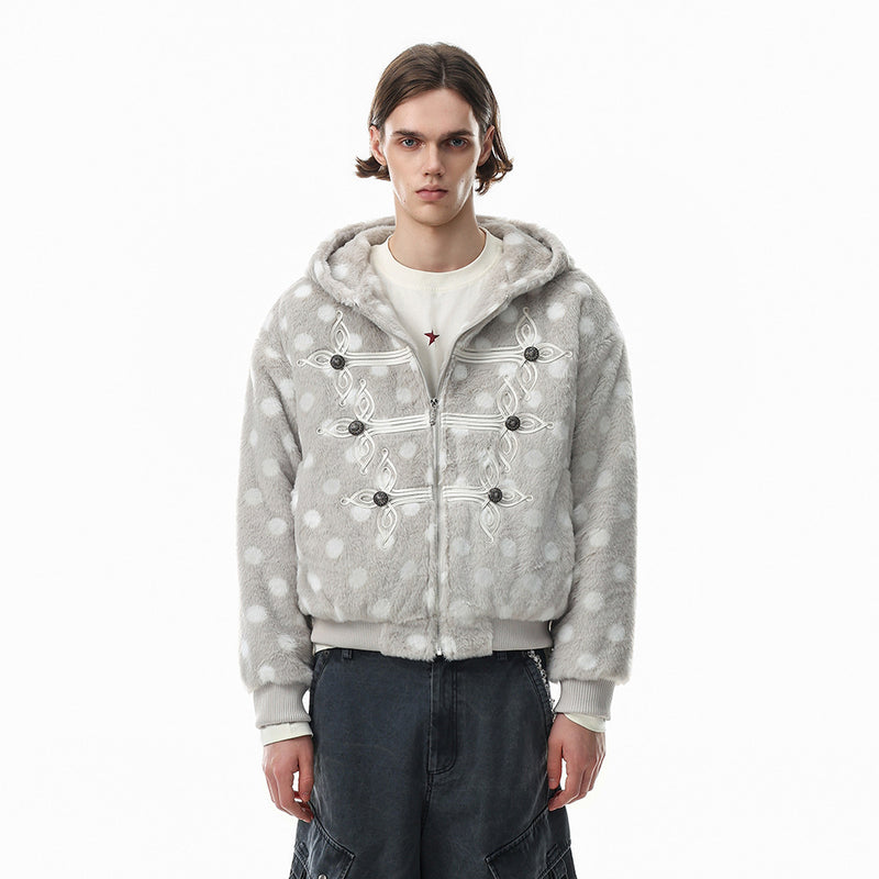 Polka Dot Faux Mink Hooded Zip Jacket – Oversized Streetwear Coat with Ornate