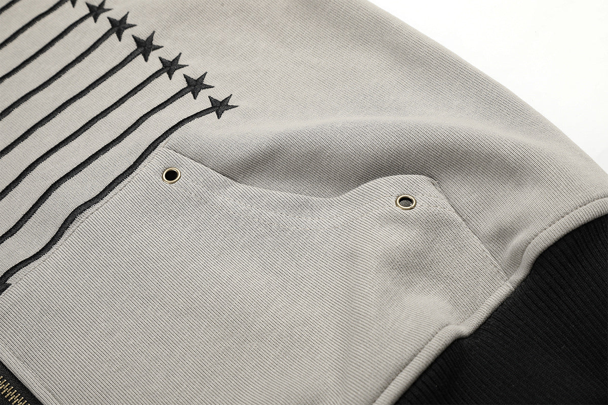 Star & Stripe Embroidered Zip-Up Hoodie with Bomber Ribbed Hem