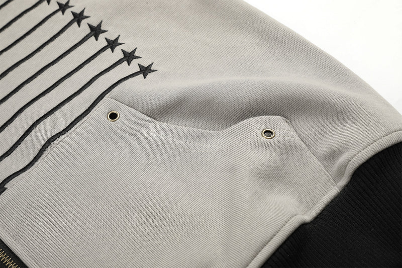 Star & Stripe Embroidered Zip-Up Hoodie with Bomber Ribbed Hem