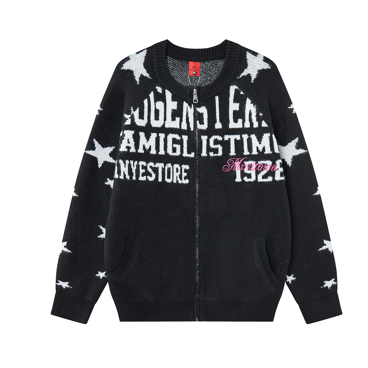 Cardigan oversize zippé en maille jacquard étoilée, imprimé lettre varsity noir, vue de face