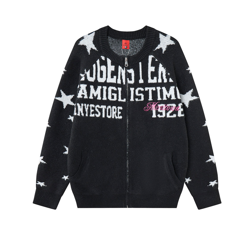 Cardigan oversize zippé en maille jacquard étoilée, imprimé lettre varsity noir, vue de face