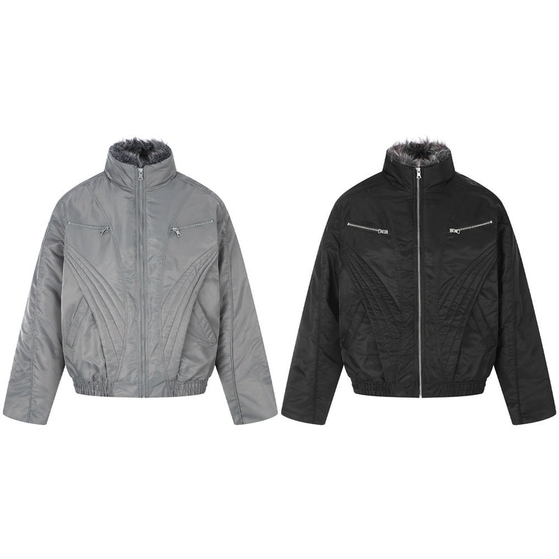 Faux Fur Collar Padded Bomber Jacket – Quilted Stitch Detail Men's Winter Coat